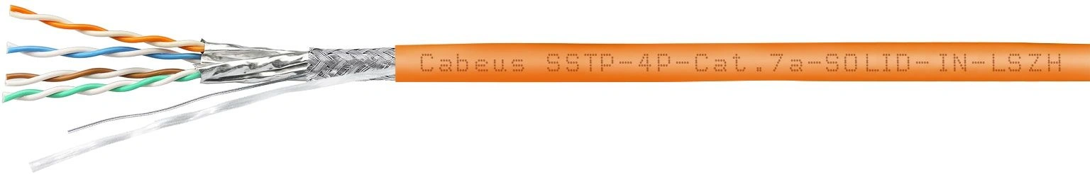 Cabeus SSTP-4P-Cat.7a-SOLID-IN-LSZH Кабель экранированная витая пара SSTP (S/FTP), категория 7a (расширенный диапазон рабочих частот до 1000MHz), 4 пары (23 AWG), одножильный (solid), LSZH, нг(А)-HF, (305 м)