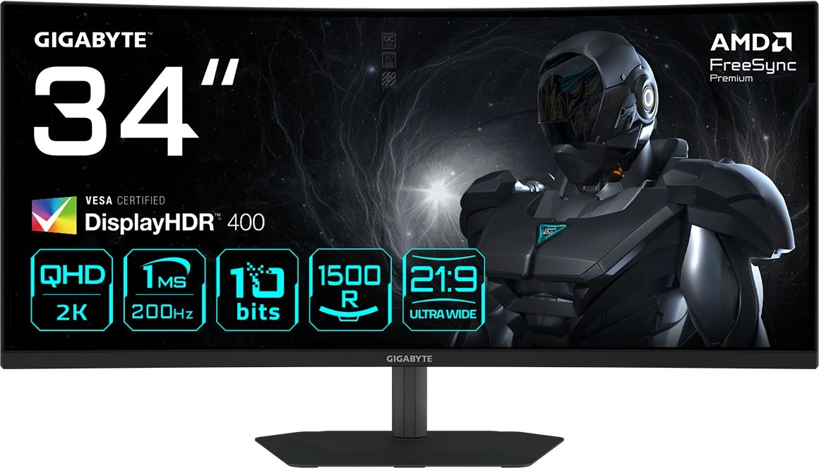 Монитор Gigabyte 34" G34WQC2 EK черный VA LED 21:9 HDMI M/M матовая HAS Piv 4000:1 450cd 178гр/178гр 3440x1440 200Hz FreeSync Premium DP 4K 7.36кг