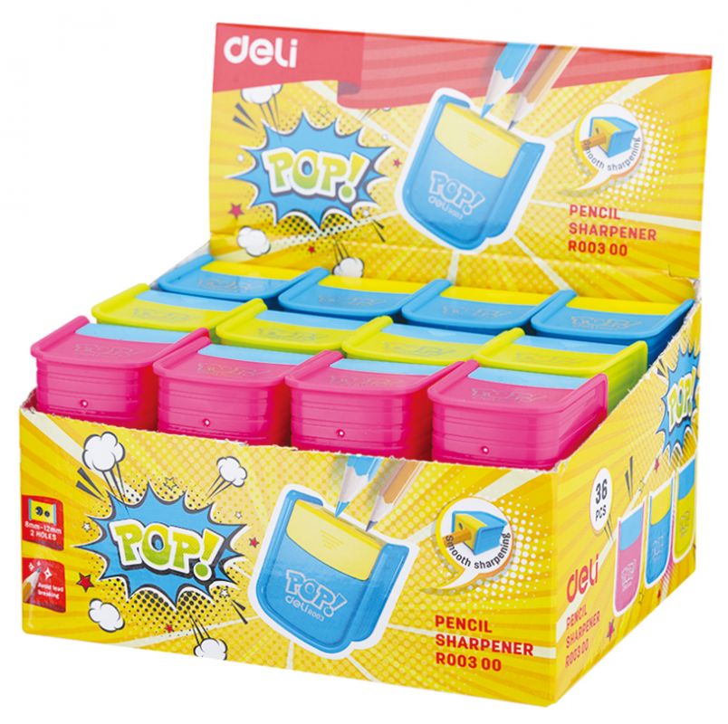 Точилка для карандашей ручная Deli ER00300 PoP, 2 отверстия, пластик, ассорти, дисплей