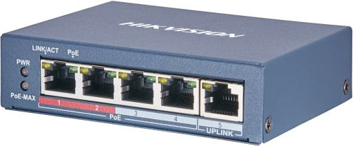 DS-3E0505P-E/M(B) - Коммутатор, Hikvision, DS-3E0505P-E/M(B), Неуправляемый, 4 x Gigabit RJ45, РоЕ 802.3af/at 35W, 1 x Gigabit RJ45, Настольный, Металл