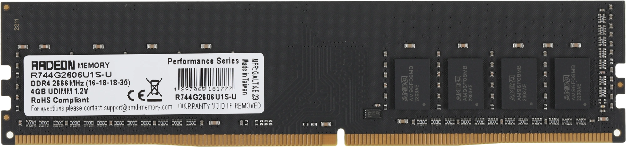 Память DDR4 4Gb 2666MHz AMD R744G2606U1S-U Radeon R7 Performance Series RTL PC4-21300 CL16 DIMM 288-pin 1.2В Ret