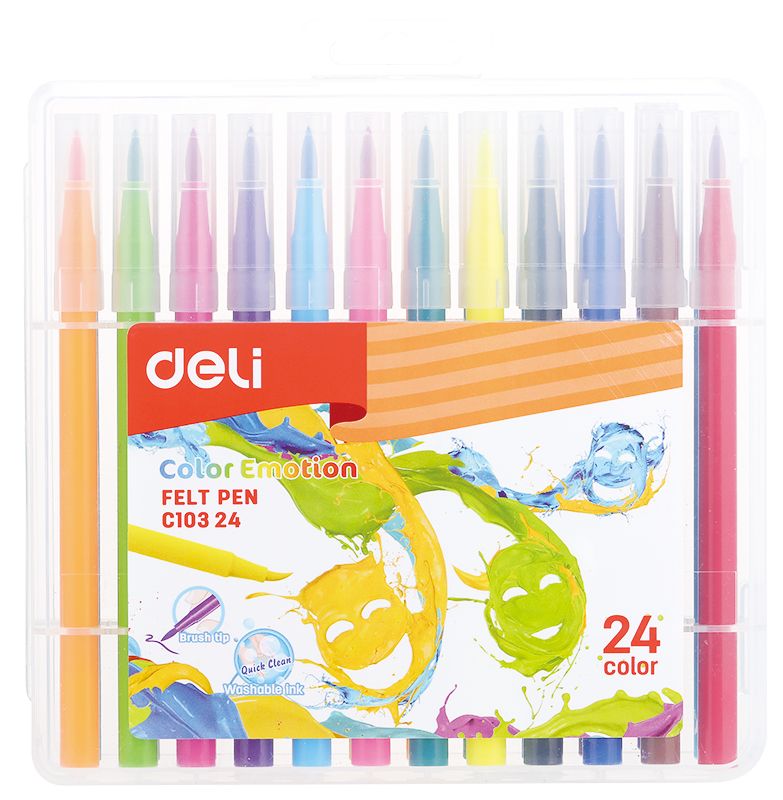 Фломастеры Deli EC10324 Color Emotion кисть, смываемые, 24 цвета, пластиковый пенал (24шт)
