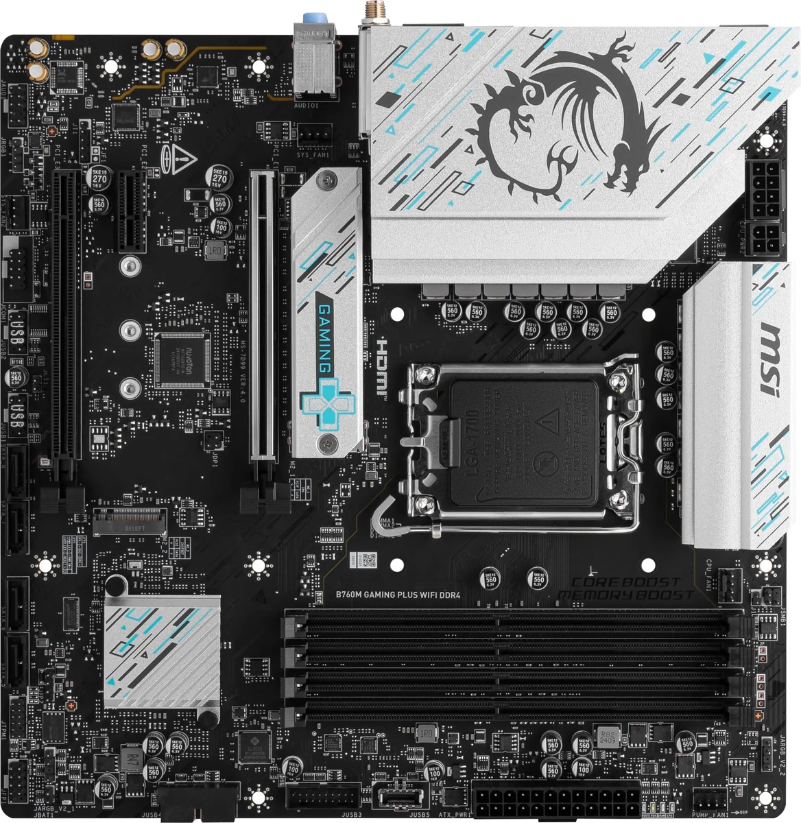 Материнская плата MSI B760M GAMING PLUS WIFI DDR4, LGA1700, Intel B760, 4xDDR4, 4xSATA, 2xM.2, 1xPCIe 4.0 x16, 1xPCIe 4.0 x4, 2xPCIe 3.0 x1, 2xDP, 2xHDMI, 1x2.5Gb LAN, Wi-Fi 6E, Bluetooth 5.3, 4xUSB-A 5Gbps, 6xUSB-A 2.0, 3x3.5 мм, 7.1, mATX