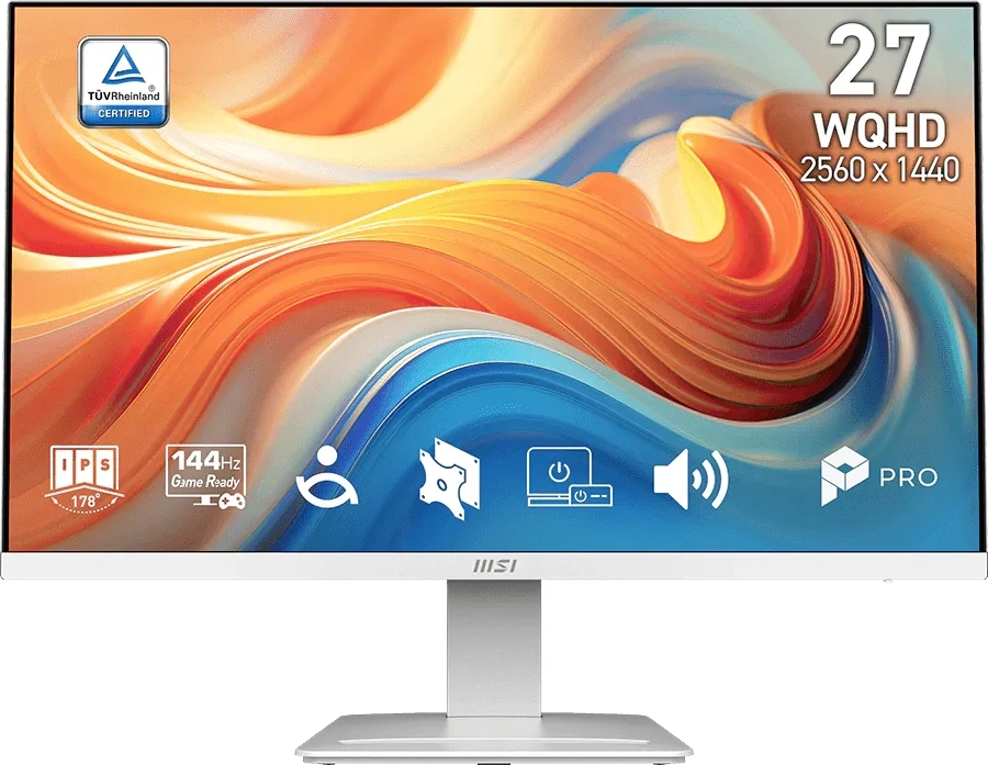Монитор MSI PRO MP273QW E14 27" 16:9 WQHD(2560x1440)IPS Flat,4ms(GTG),1500:1,100M:1,300nit,178/178,2xHDMI ,1xDP,Speaker,Tilt,VESA,144Hz,White, 1y w-ty