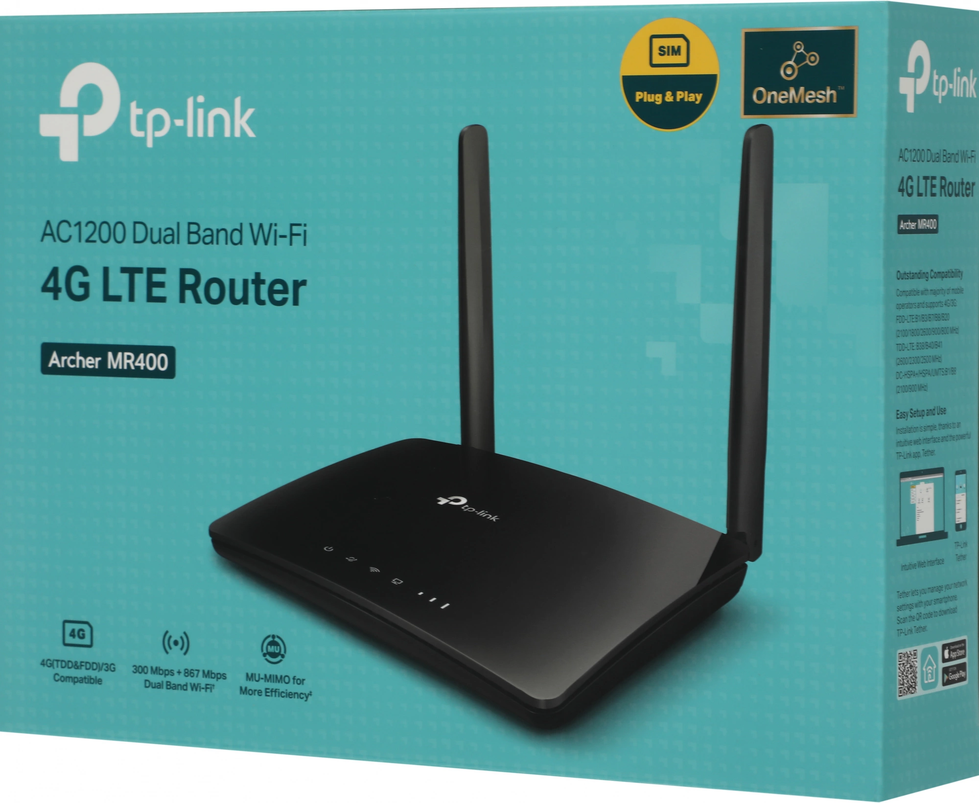 Archer MR400 - Маршрутизатор, TP-Link, Archer MR400, 3 порта LAN 10/100 Мбит/с, 1 порт LAN/WAN 10/100 Мбит/с, 1 слот для Micro SIM-карты, АС1200