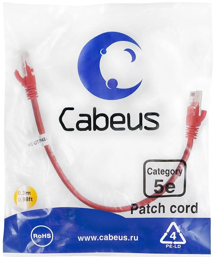 Cabeus PC-UTP-RJ45-Cat.5e-0.3m-RD Патч-корд U/UTP, категория 5е, 2xRJ45/8p8c, неэкранированный, красный, PVC, 0.3м