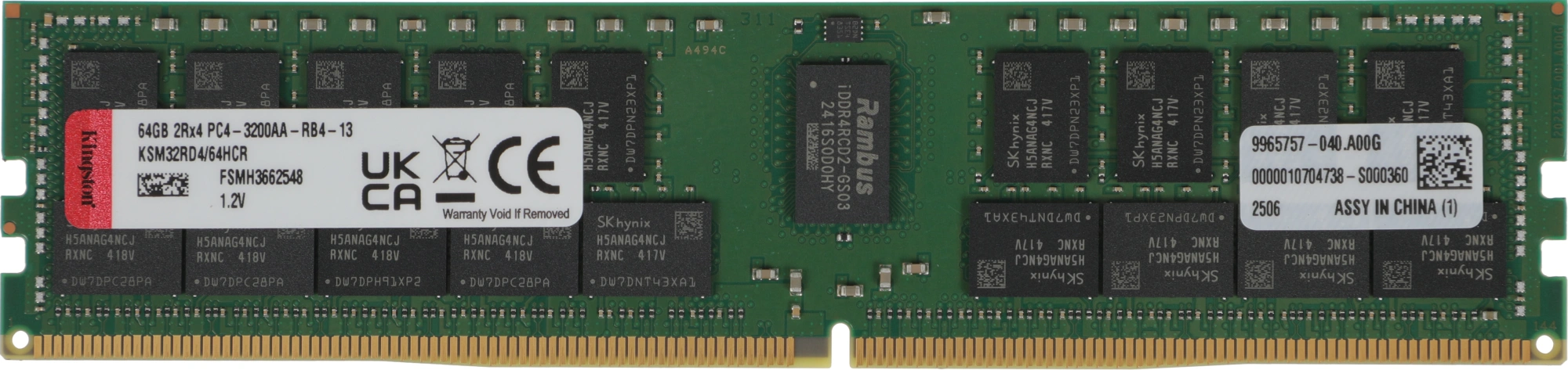 Оперативная память Kingston Server Premier DDR4 64GB RDIMM 3200MHz ECC Registered 2Rx4, 1.2V (Hynix C Rambus)