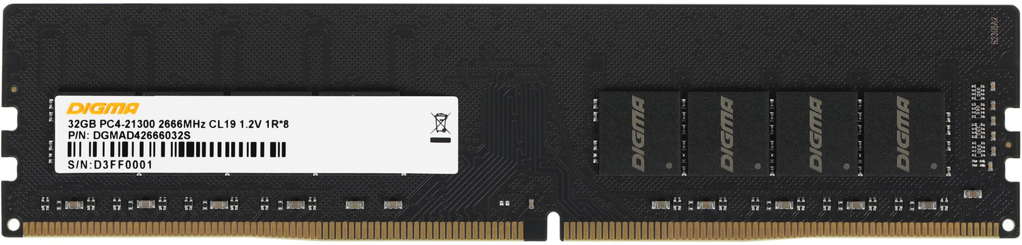 Оперативная память DDR4 32GB 2666MHz Digma DGMAD42666032S RTL PC4-21300 CL19 DIMM 288-pin 1.2В single rank Ret