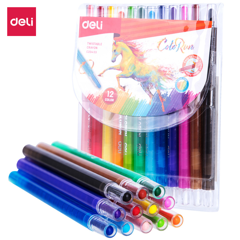 Восковые мелки Deli EC20403 Colorun с поворотным механизмом, 12 цветов, блистер с европодвесом