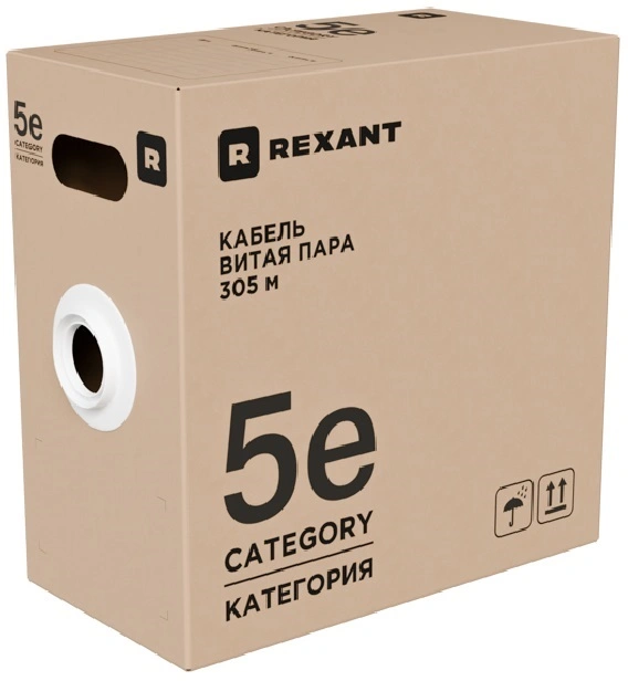Rexant (02-0025-R) Кабель витая пара F/UTP, CAT 5e, PVC, 4x2x0,52 мм, 24AWG, INDOOR, SOLID, серый, 305м, РФ