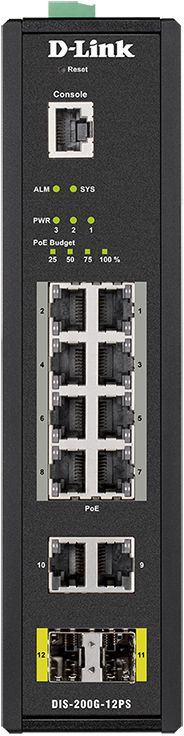 Коммутатор/ DIS-200G-12PS Managed L2 Industrial Switch 10x1000Base-T (8x1000Base-T PoE), 2x1000Base-X SFP, PoE Budget 123W, Surge 6KV, CLI, RJ45 Console, Alarm relay, Dying Gasp, DIN-Rail, metal case IP30, -40 to 65°C, w/o power adapter