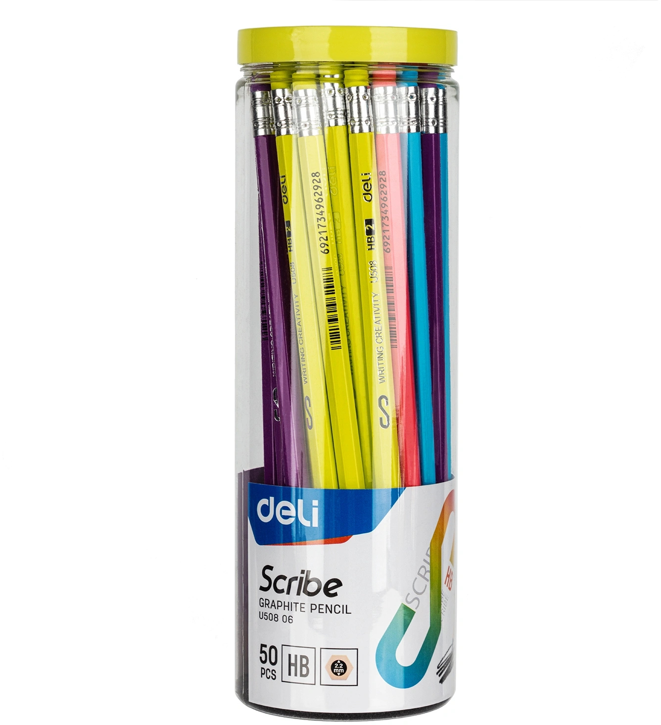Набор карандашей ч/г Deli EU50806 Scribe НВ шестигран. липа ассорти 1цв. туба (50шт) ластик 50 карандашей