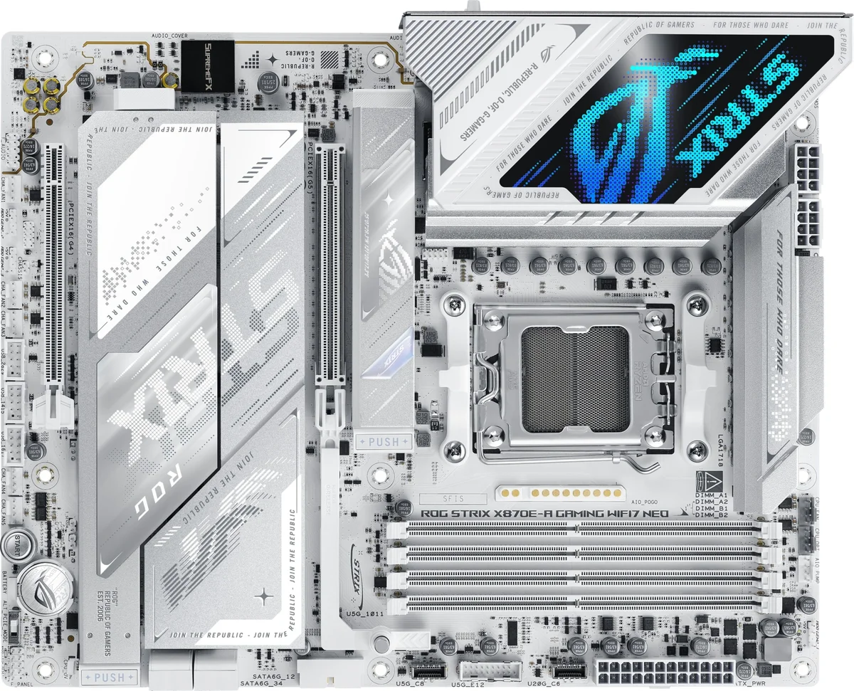Материнская плата ASUS ROG STRIX X870E-A GAMING WIFI7 NEO, AM5, AMD X870E, 4xDDR5, 4xSATA, 4xM.2, 1xPCIe 5.0 x16, HDMI, USB Type-C, 1x5Gb LAN, Wi-Fi 7, Bluetooth, 2x3.5 мм, 7.1, ATX