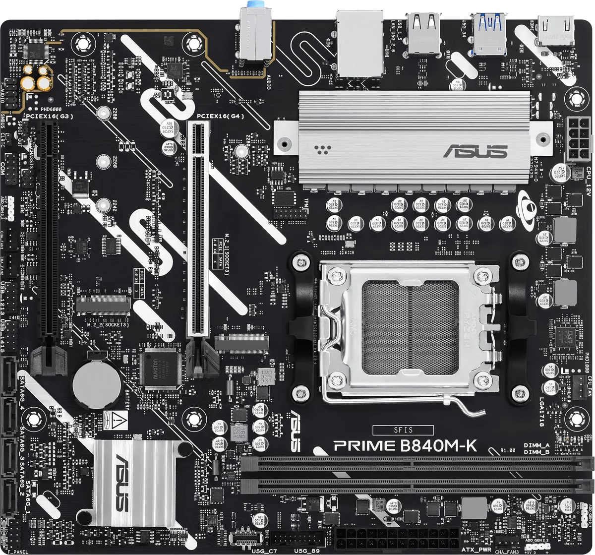 Материнская плата ASUS PRIME B840M-K, AM5, B840, 2*DDR5, 4*SATA, 2*M.2, 4*USB 3.2, 2*USB 2.0, 3*PCIx16, HDMI, mATX; 90MB1PK0-M0EAY0