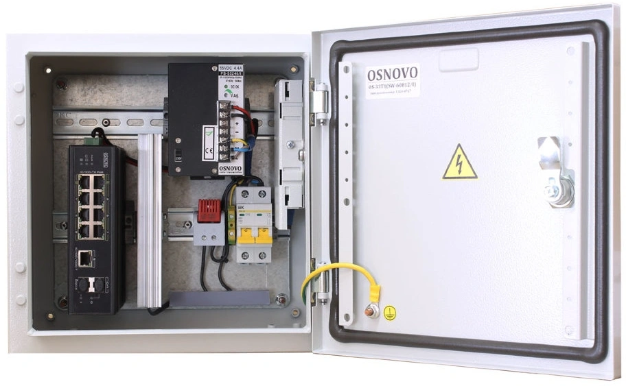 Уличный коммутатор OSNOVO OS-33T1(SW-60812/I) Уличный коммутатор с термостабилизацией на базе уличной станции OSNOVO OS-33T1. Порты: 6 x FE (10/100Base-T) с PoE (до 30W) + 2 x FE (10/100Base-T) с PoE (до 60W) + 1 x GE (