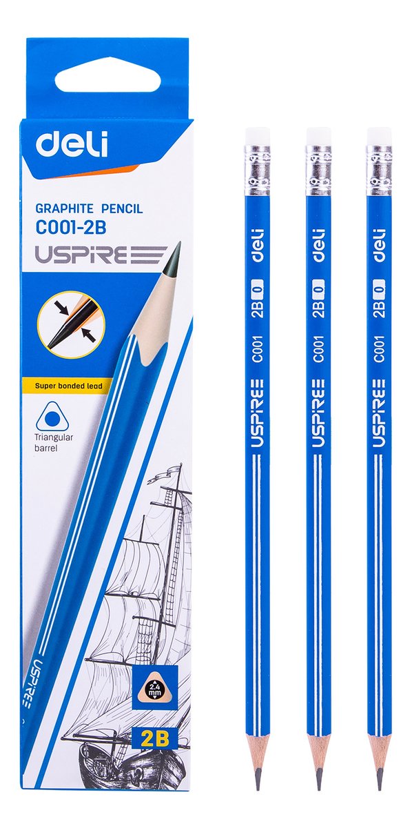 Карандаш чернографитный Deli EC001-2B Uspire 2B, трехгранный, тополь, синий, картонная коробка (12шт) ластик