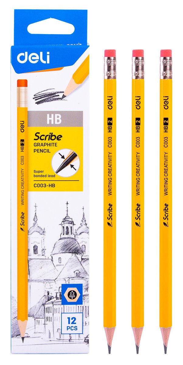 Карандаш чернографитный Deli EC003-HB Scribe HB шестигран. тополь желтый карт.кор. (12шт) ластик