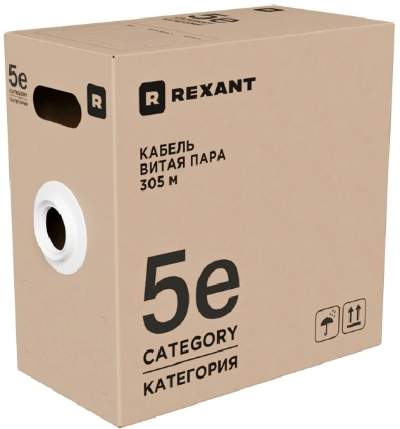 Rexant (01-0152-R) Кабель витая пара F/UTP, CAT 5е, PVC, 4PR, 24AWG, INDOOR, SOLID, серый, 305м, серия LIGHT