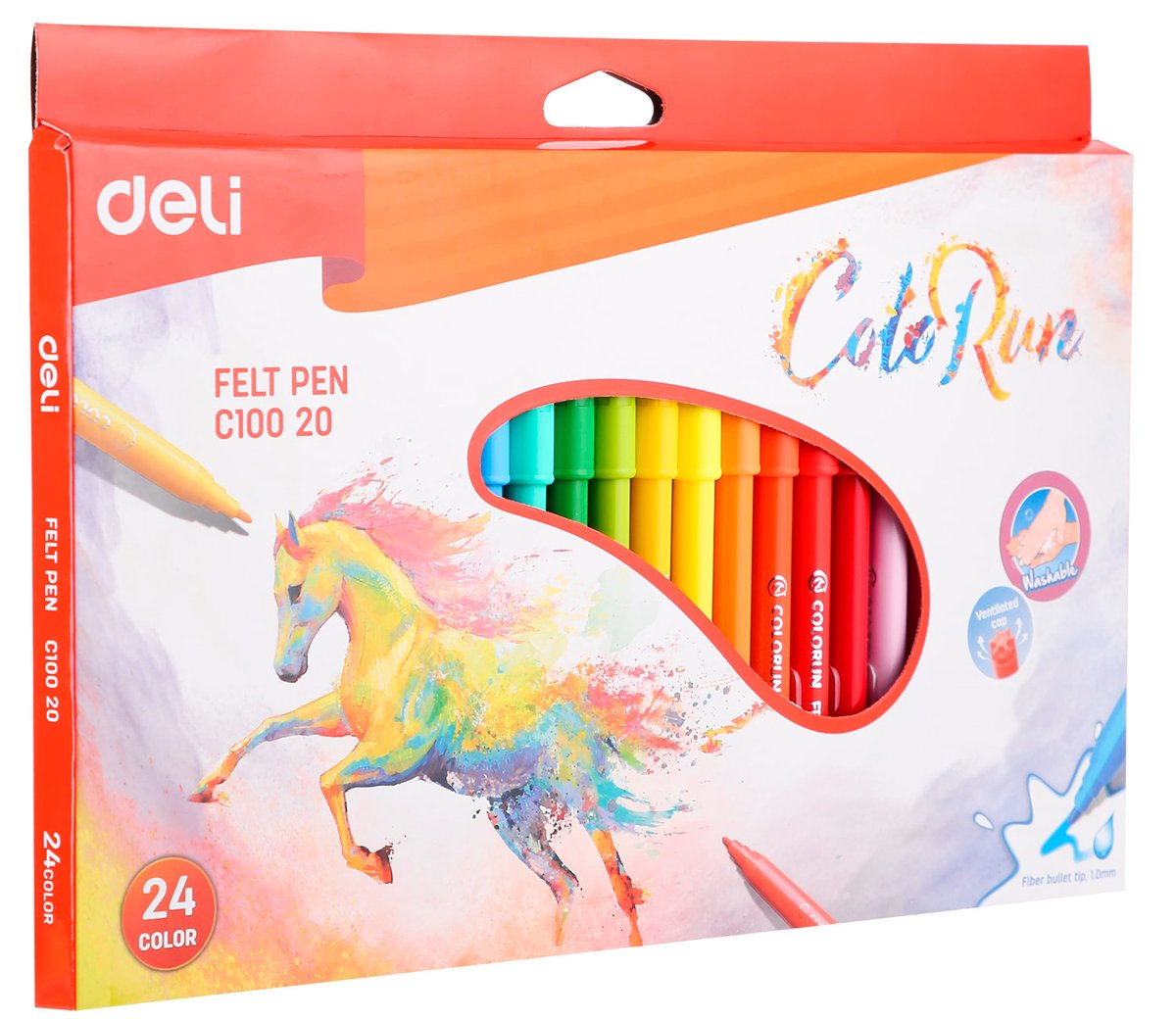 Фломастеры Deli EC10020 ColoRun, вентилируемый колпачок, 24 цвета, коробка с европодвесом
