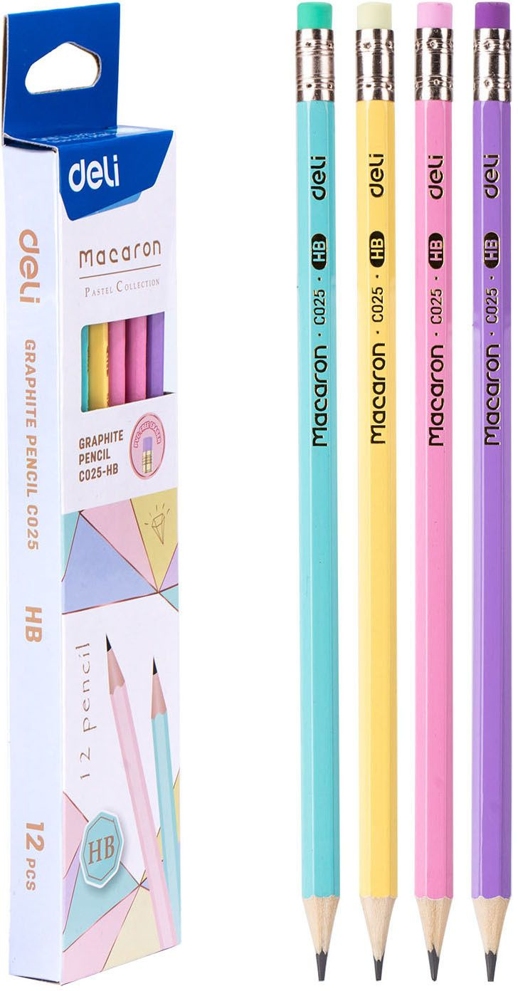 Карандаш чернографитный Deli EC025-HB Macaron 2.4мм HB, шестигранный, липа, коробка с европодвесом (12шт) ластик