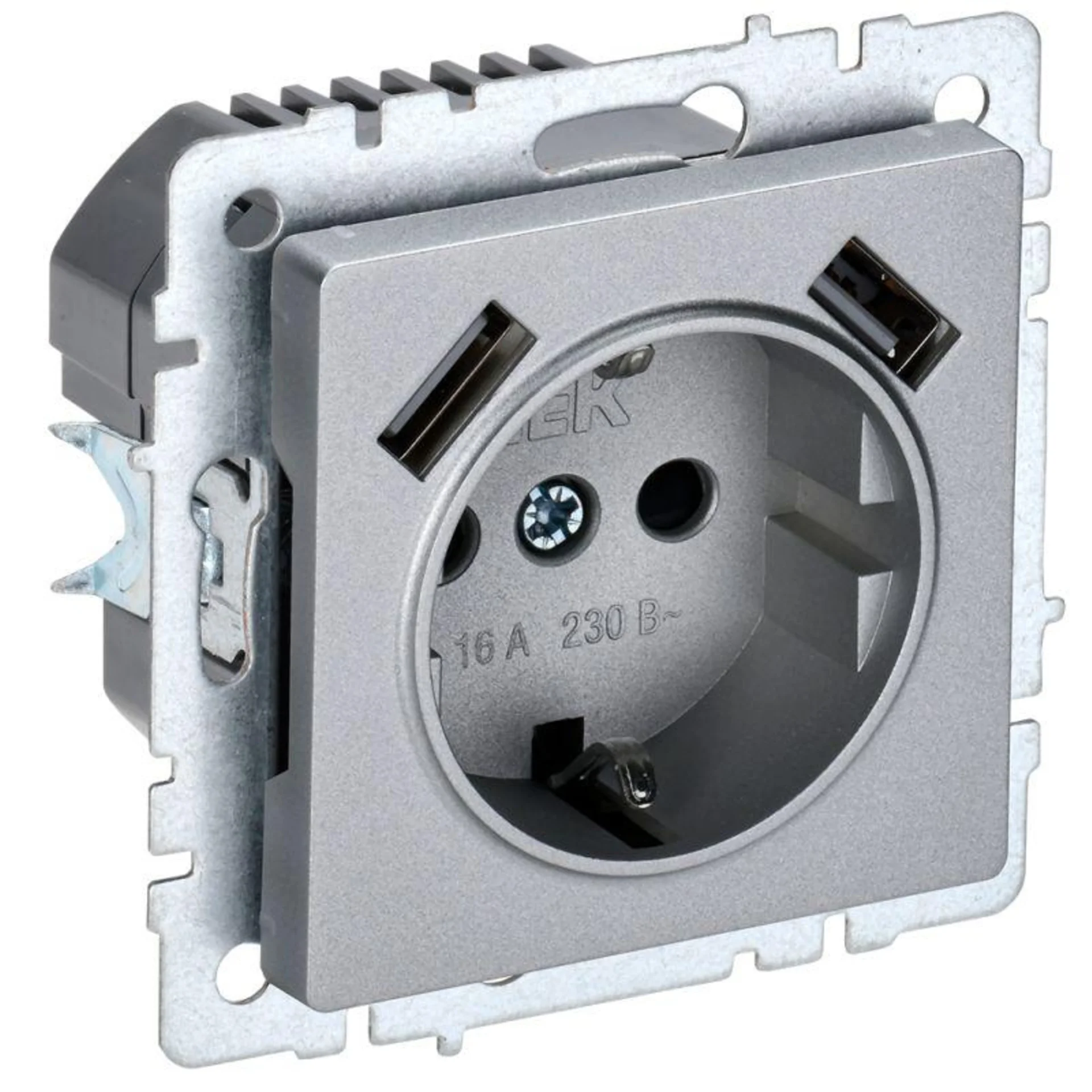 Розетка BRITE РЮш10-1-БрА 16А с USB A+A 2.1А с заземл. защ. шторки механизм алюм. IEK BR-R14-16-U21-D21-K47
