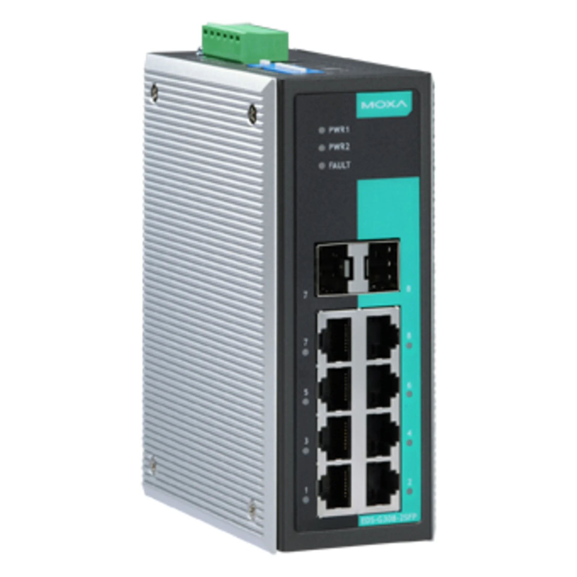 Промышленный неуправляемый коммутатор MOXA EDS-G308-2SFP-T, 6 портов 10/100/1000BaseT(X), 2 combo-порта 10/100/1000BaseT(X) or 100/1000BaseSFP, IP30, от -40 до 75°C, DIN-Rail