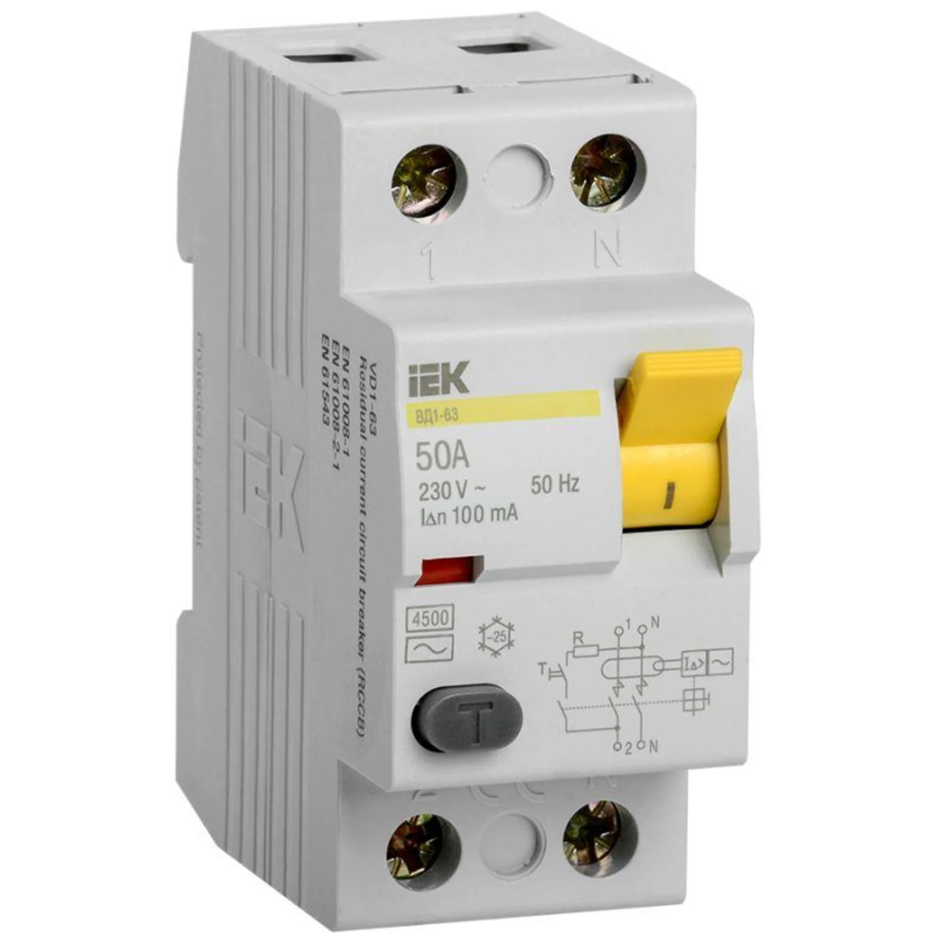 Выключатель дифференциального тока (ВДТ, УЗО) IEK MDV10-2-050-100 2п 50А 100мА  ВД1-63  АС