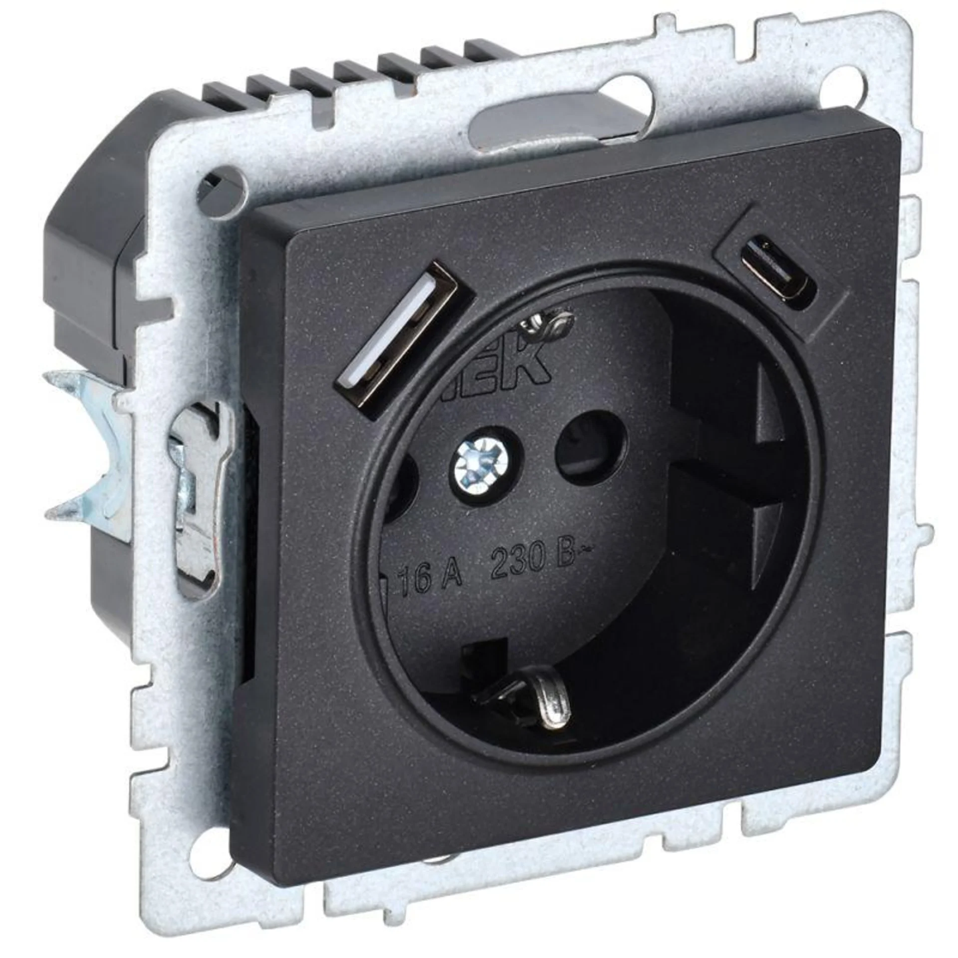 Розетка IEK BR-R14-16-U22-018-K02 BRITE РЮш11-1-БрЧ 16А с USB A+C 18Вт с заземл. защ.  шторки  черная