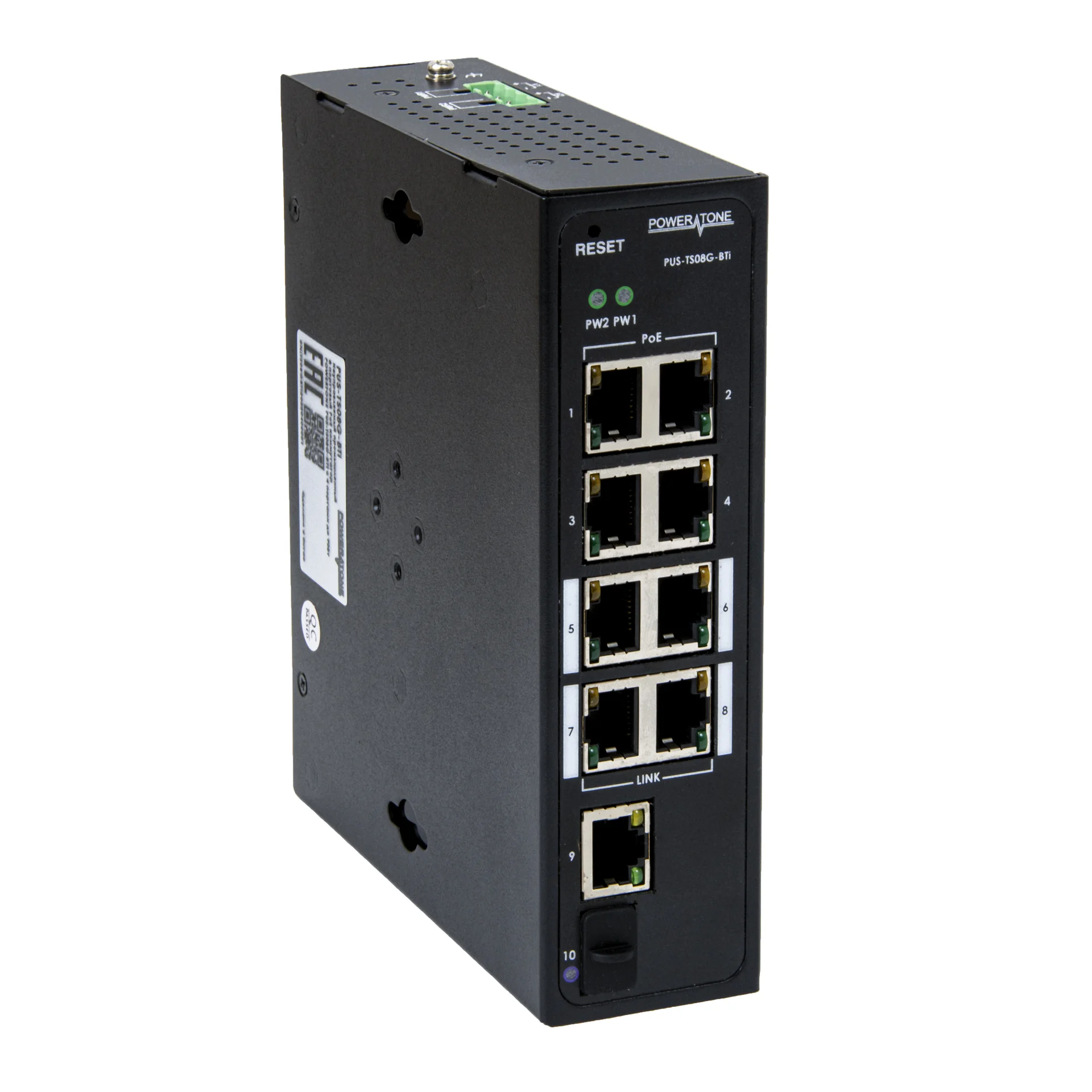 Неуправляемый промышленный 8 портовый PoE коммутатор POWERTONE PUS-TS08G-BTi с 4 портами до 90Вт