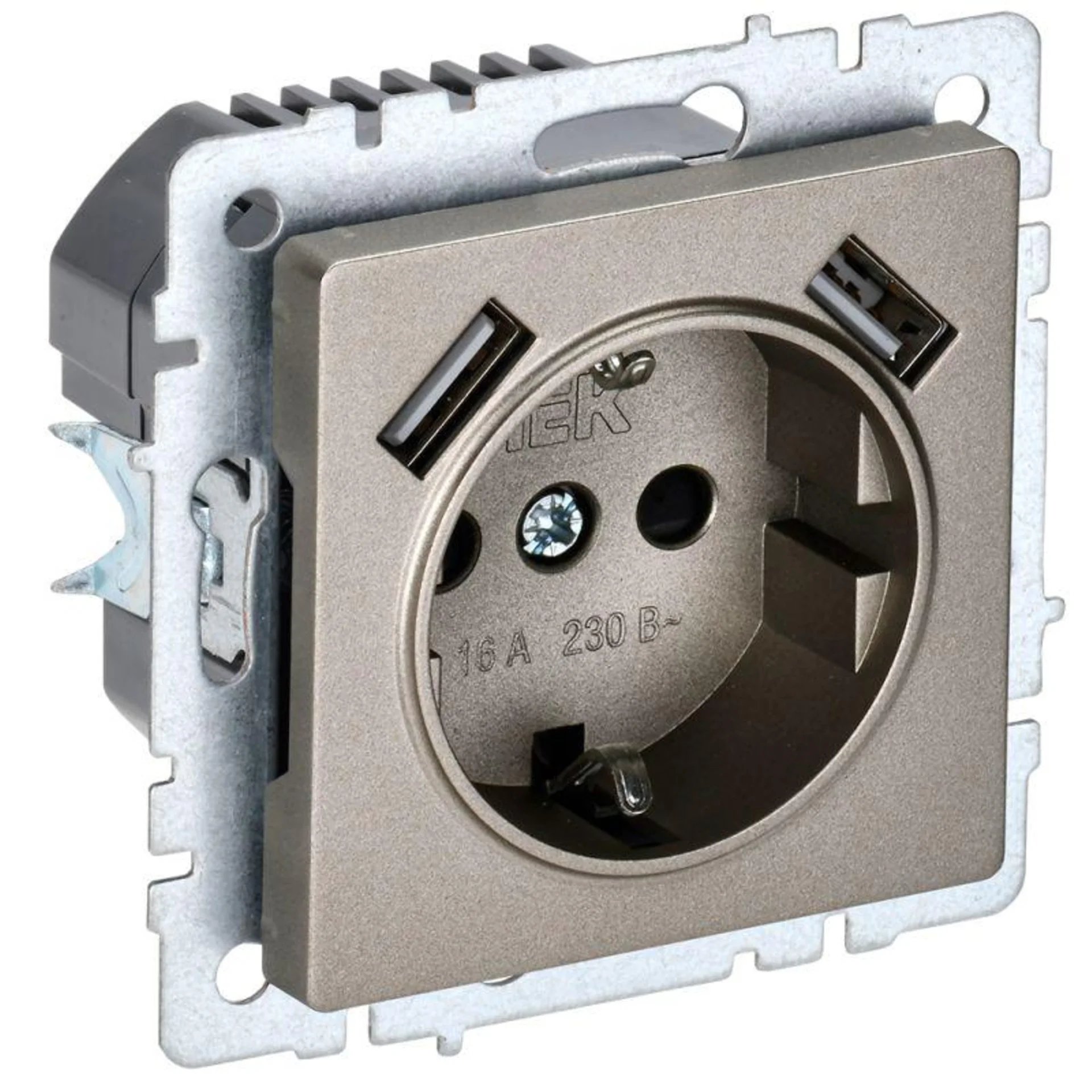Розетка BRITE РЮш10-1-БрШ 16А с USB A+A 2.1А с заземл. защ. шторки шампань IEK BR-R14-16-U21-D21-K37