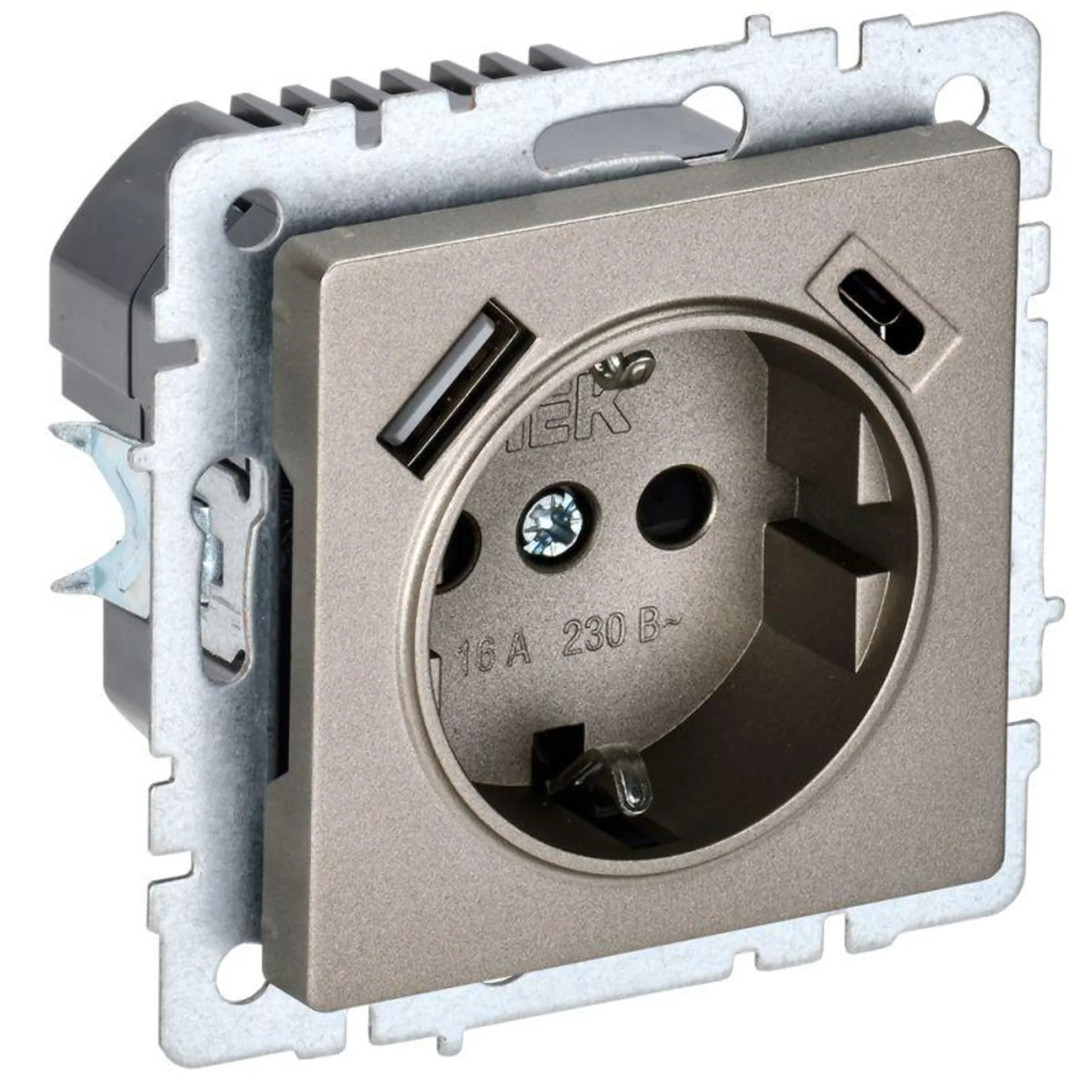 Розетка BRITE РЮш11-1-БрШ 16А с USB A+C 18Вт с заземл. защ. шторки шампань IEK BR-R14-16-U22-018-K37