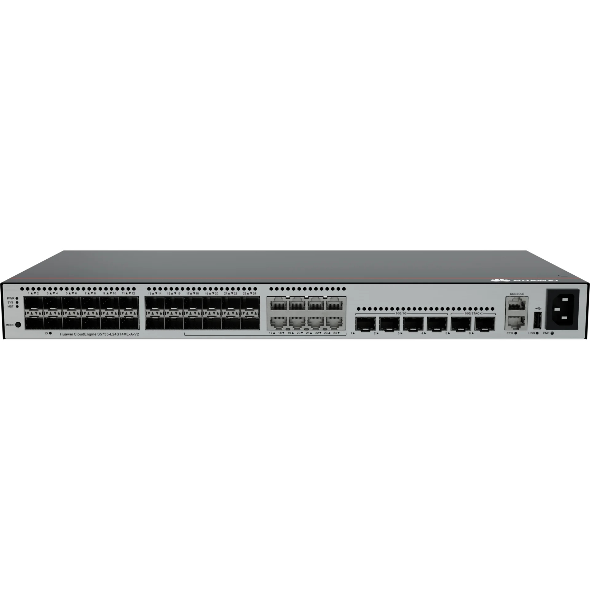 Коммутатор Huawei S5735-L24ST4XE-A-V2 24*GE SFP ports, 8 of which are dual-purpose 10/100/1000 or SFP, 4*10GE SFP+ ports, 2*12GE stack ports, built-in