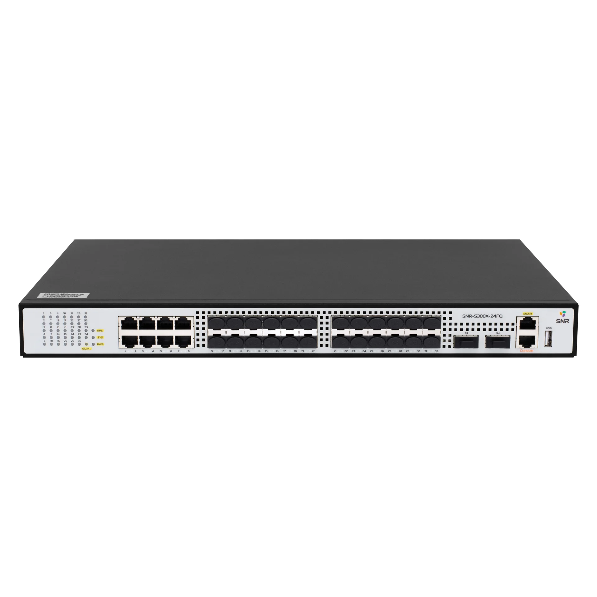 Коммутатор SNR SNR-S300X-24FQ управляемый уровня 3, 8 портов 10/100/1000Base-T, 24 порта 1/10G SFP+, 2 порта 40G QSFP+, встроенный БП ~220V AC, RPS 36-72V DC