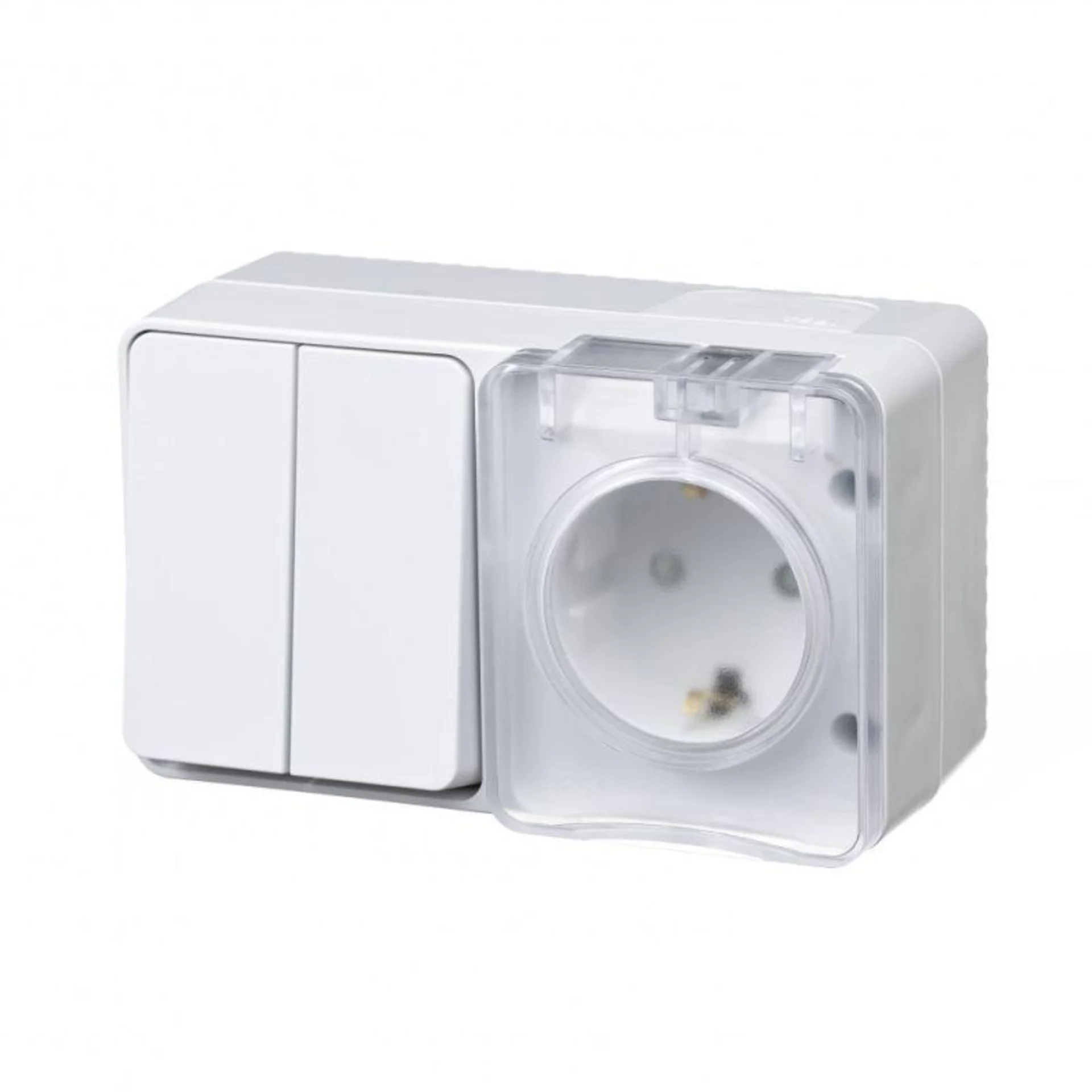 Блок комбинированный Systeme Electric ATN540174, розетка+2-кл.выключатель, открытой установки, IP54, белый