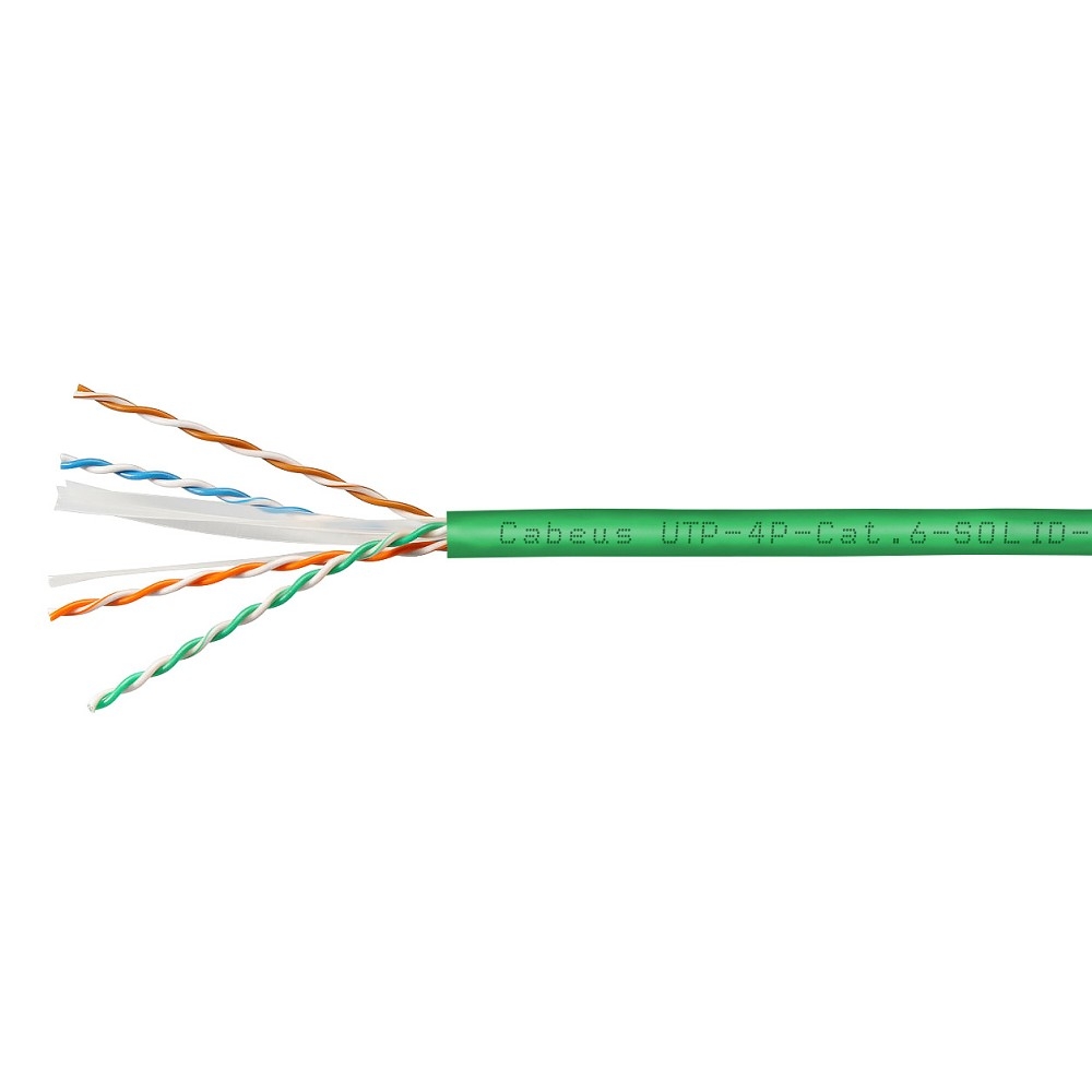 UTP-4P-Cat.6-SOLID-LSLTx-GN-100 Кабель витая пара Cabeus UTP 4 пар. кат. 6 одножильный D 057 AWG23 нг(А)-LSLTx 1м (коробка 100м) внутренний цвет: зелёный