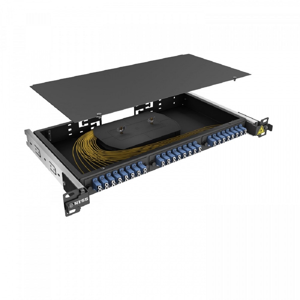 NTSS Кросс 19" NTSS PREMIUM выдвижной, предсобранный 1U, 24 порта LC/UPC duplex, 9/125 мкм, (розетки, сплайс 2шт, КДЗС, пигтейлы), черный, RAL9005 NTSS-RsFOB-PM-1U-24-2LC/U-9-SP1.5G1A-BL