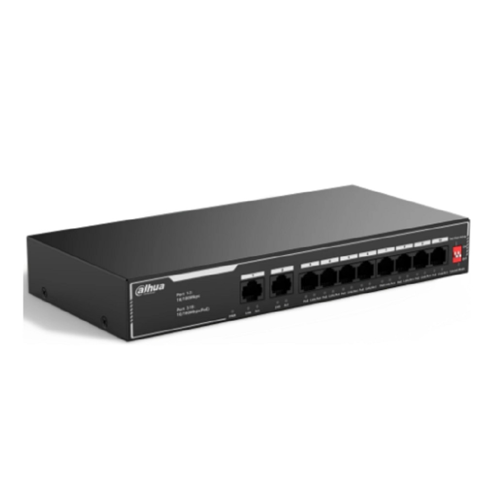DAHUA DH-SF1010LP 10-портовый неуправляемый коммутатор с РоЕ, 8xRJ45 100Mb PoE, 2xRJ45 100Mb uplink, суммарно 65Вт, коммутация 2 Гбит/с, MAC-таблица 2K, металл