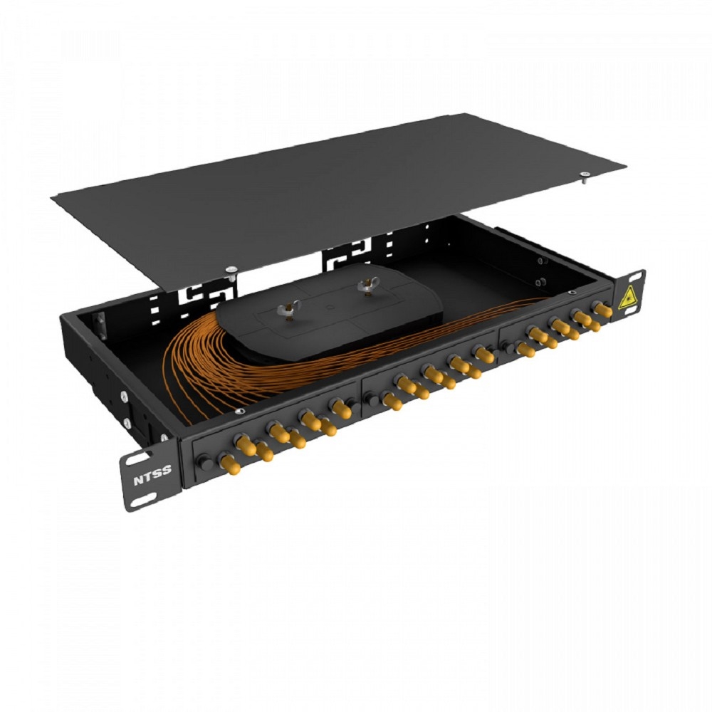 NTSS Кросс 19" NTSS PREMIUM, предсобранный 1U, 8 портов ST/UPC, 50/125 мкм, (сплайс, пигтейлы, кдзс, планки, адаптеры), черный, RAL9005 NTSS-RFOB-PM-1U-8-ST/U-50-SP1.5G2A-BL