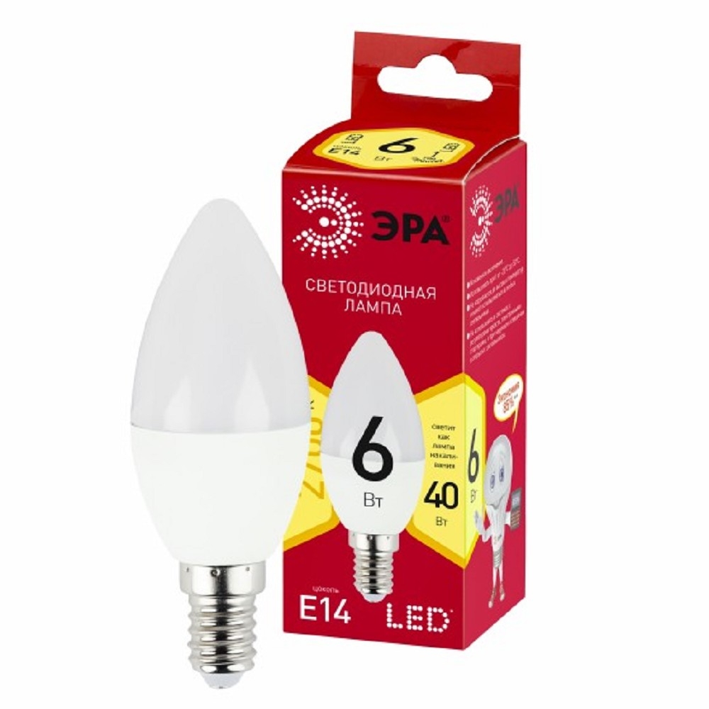ЭРА Б0052383 Лампочка светодиодная RED LINE LED B35-6W-827-E14 R Е14 / E14 6 Вт свеча теплый белый свет