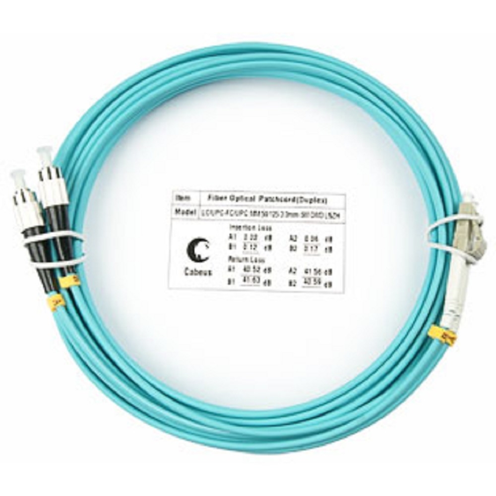Оптический патч-корд Cabeus, многомодовый, LC/UPC - FC/UPC, LC(UPC) - FC(UPC), 50/125 мкм, LSZH, голубой, 15 м, FOP-50-LC-FC-15m