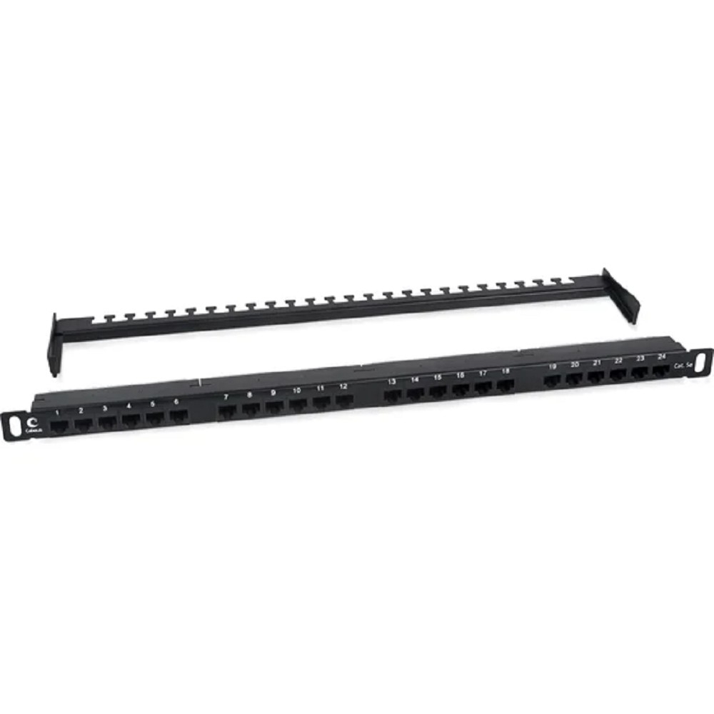 Cabeus PLHD-24-Cat.5e-Dual-180-0,5U Патч-панель высокой плотности 19" (0,5U), 24 порта RJ-45, категория 5e, Dual IDC,180 градусов, с задним кабельным организатором