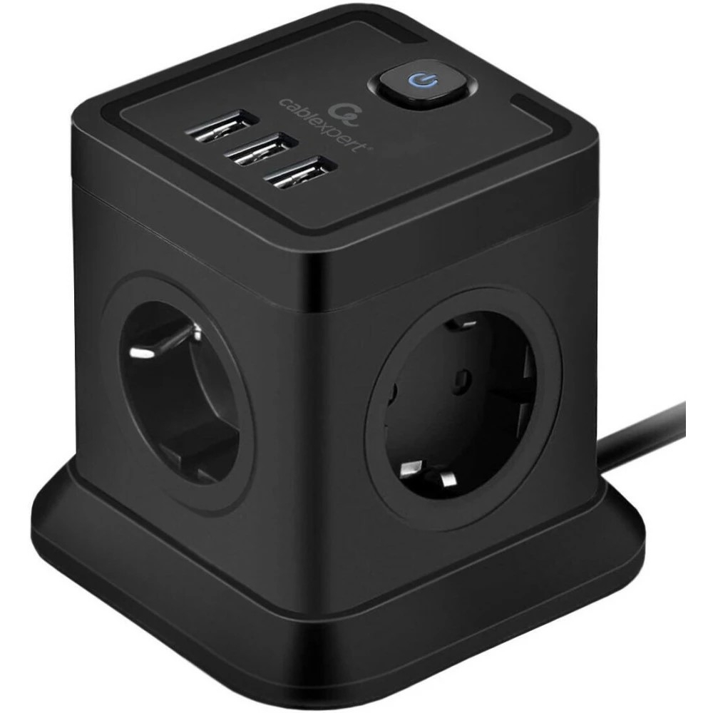 Cablexpert Сетевой фильтр Tower TWR-4-U3-B-3 (4р, 10А, 3xUSB, 3.1А, 3м, ур.защиты 2+) черный, коробка {22559}