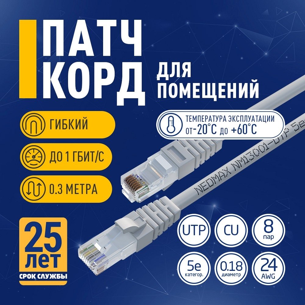 Коммутационный шнур NEOMAX (NM13001-003) UTP 0.3м, гибкий, cat.5е, серый, многожильный
