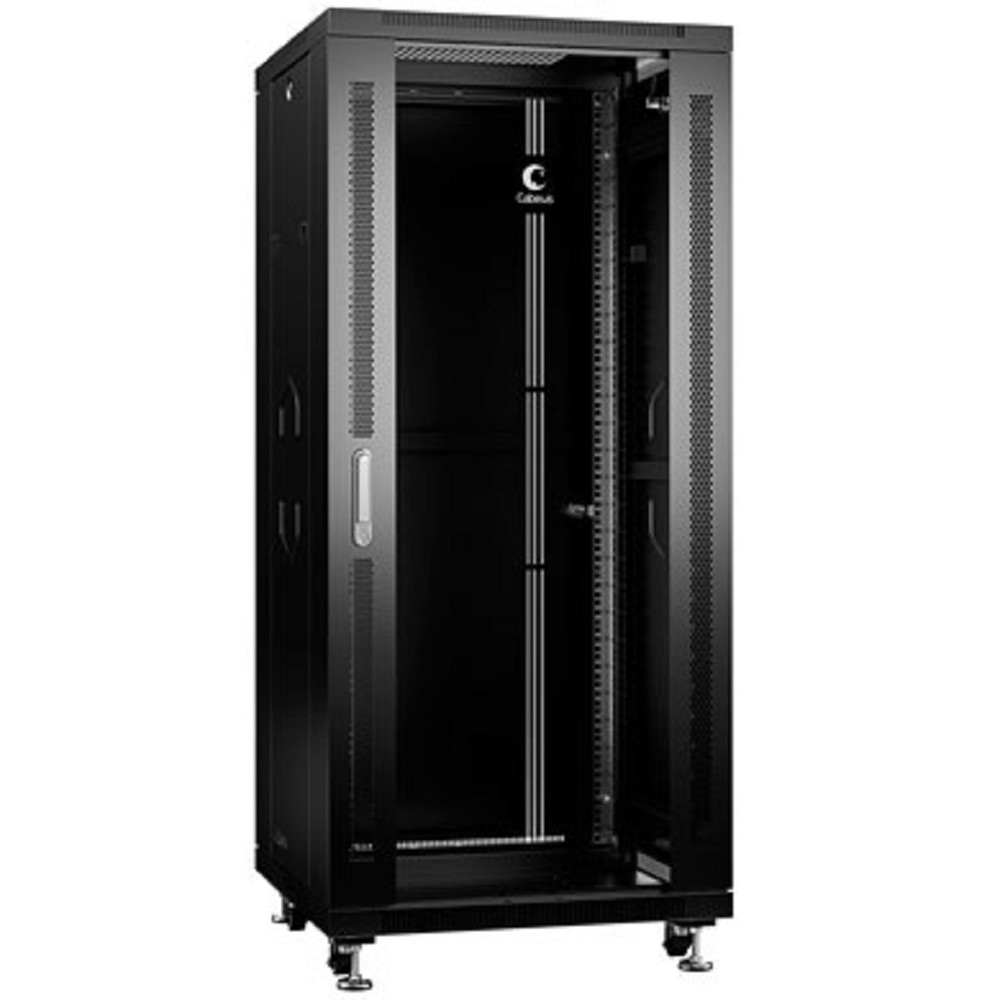 Cabeus SH-05C-27U60/60-BK Шкаф монтажный телекоммуникационный 19" напольный для распределительного и серверного оборудования 27U 600x600x1388mm (ШхГхВ) передняя стеклянная и задняя сплошная металлическая двери, ручка с замком, цвет черный (RAL 9004)