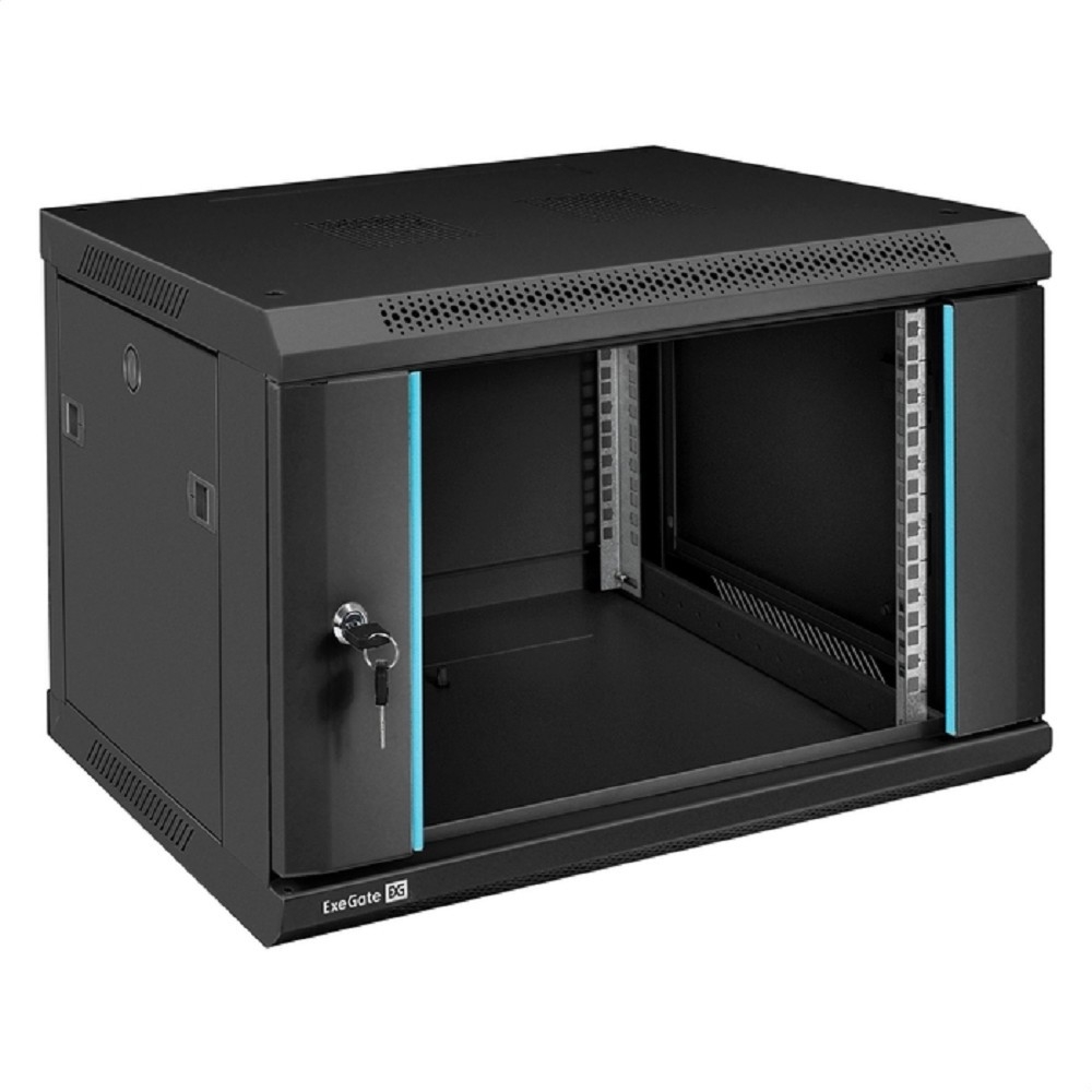 Шкаф телекоммуникационный 19" настенный 6U ExeGate EC-WM-6U.450.G.BLACK (19", 6U, 600x450x370 мм (ШхГхВ), передняя дверь закаленное стекло, съемные боковые панели, пыле- и влагозащита IP23, черный RAL 9004)