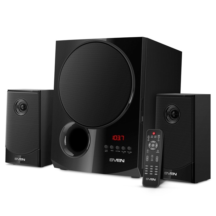 SVEN MS-2080, чёрный {акустическая система 2.1, мощность (RMS):40Вт + 2x15 Вт, FM-тюнер, USB/SD, дисплей, пульт ДУ, Bluetooth}