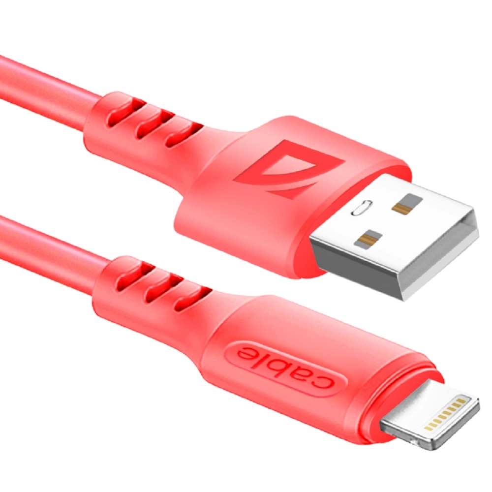 Defender Кабель F207, USB 2.0 (AM) - Apple Lightning (M), 1метр, 2.4А, силиконовая оплетка, красный.