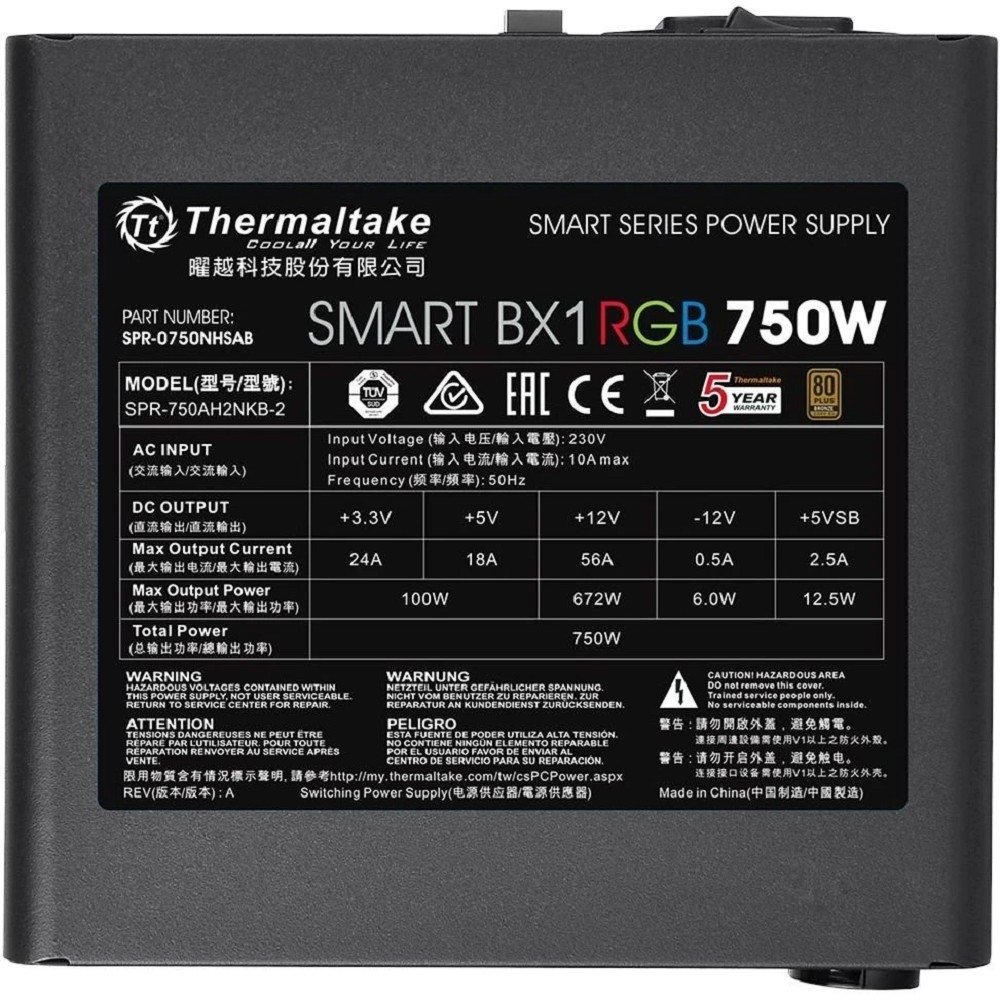 Блок питания Thermaltake SmartBX1RGB 750W <750W, (20+4+4+4) pin, 4x(6+2) pin, 8xSATA, 4xMolex, FDD, 12 см, кабель питани