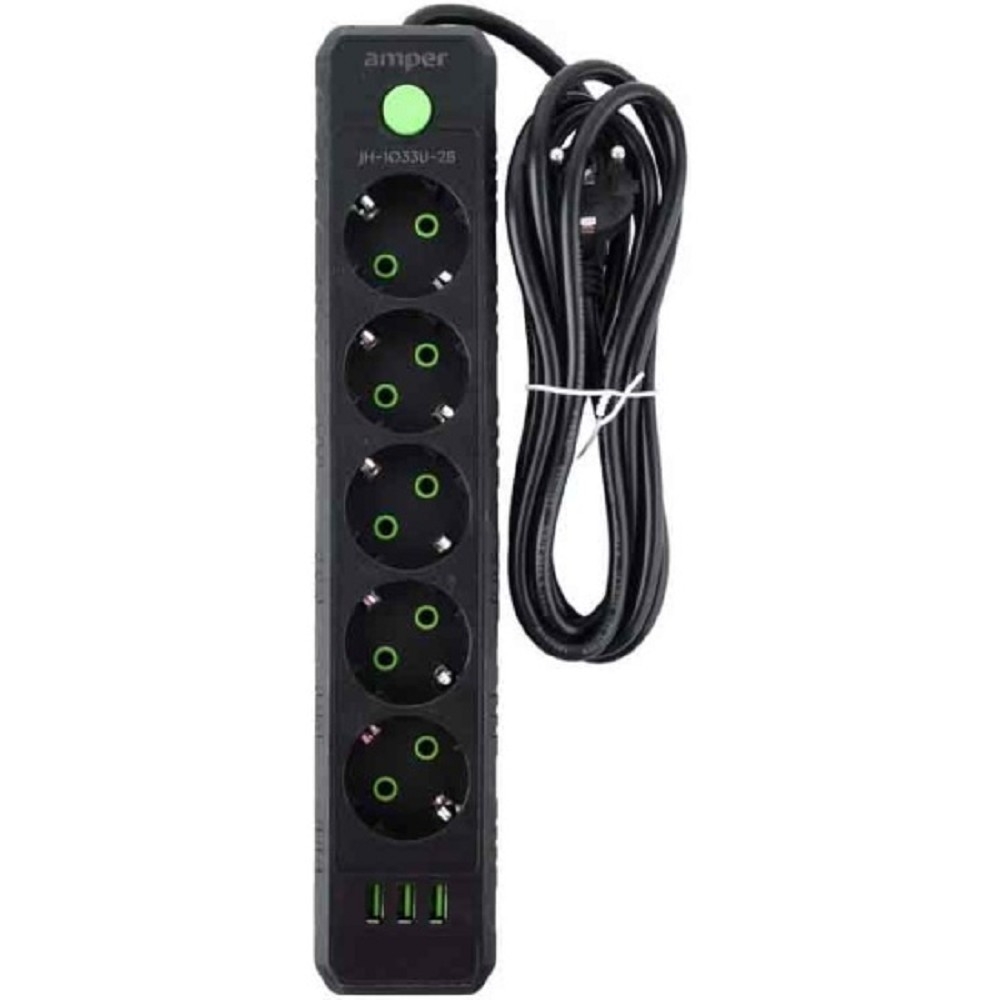 Amper сетевой удлинитель, 2,0м, 5 розеток, 10А, 2500 Вт, 3usb, черный. [JH-1033U-2B]