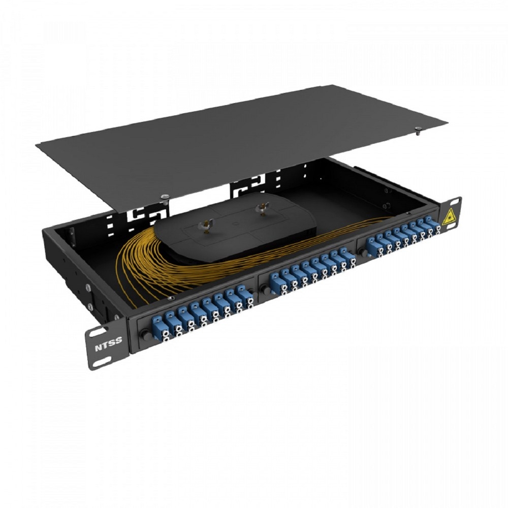 NTSS Кросс 19" NTSS PREMIUM, предсобранный 1U, 12 портов LC/UPC duplex, 9/125 мкм, (сплайс, пигтейлы, кдзс, планки, адаптеры), черный, RAL9005 NTSS-RFOB-PM-1U-12-2LC/U-9-SP1.5G1A-BL